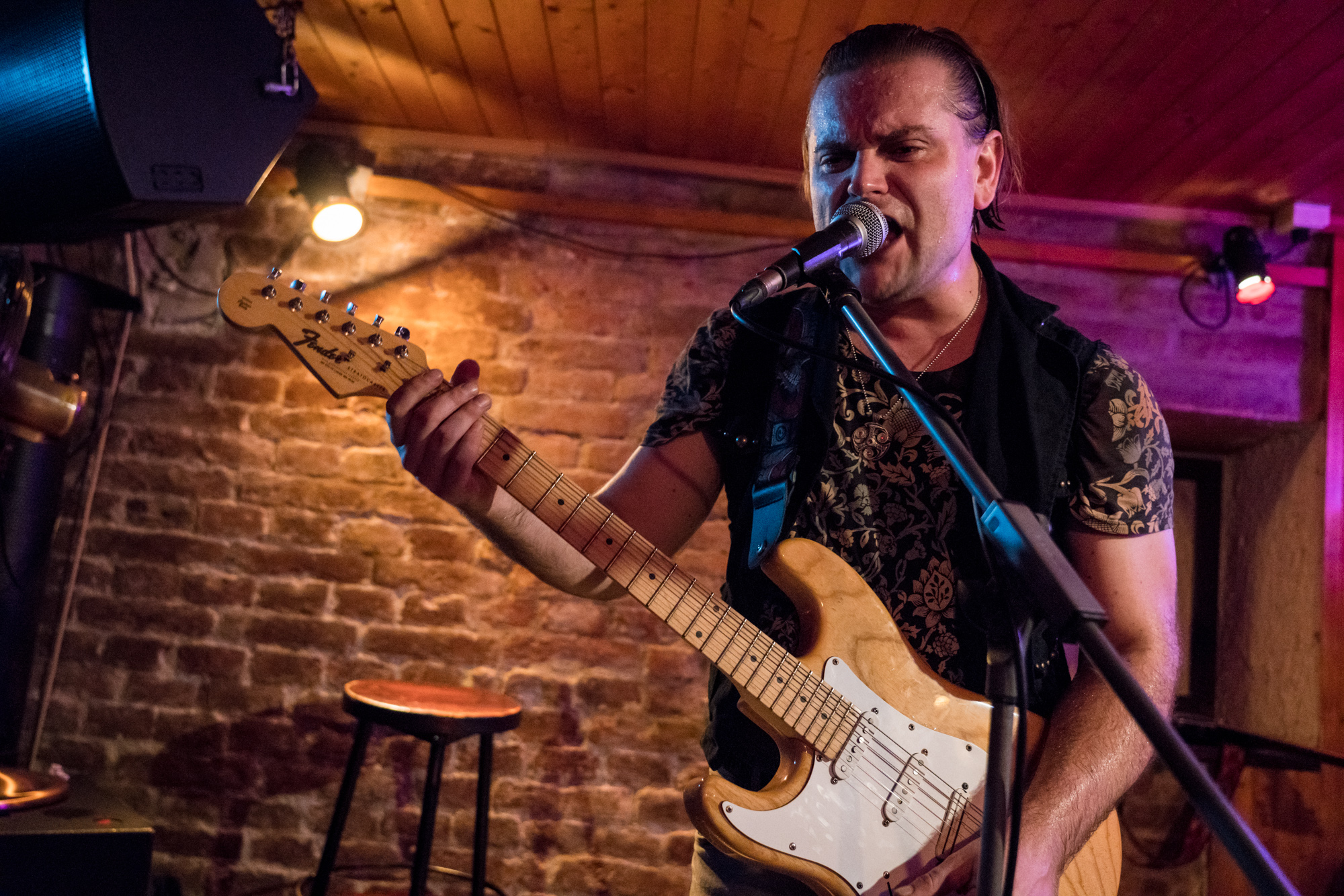 Guitarist Ondrej Malina with blonde Fender Stratocaster